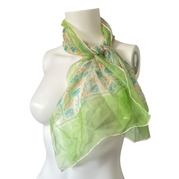 Lightweight Sheer Silk Feel Scarf Bright Green Blue Floral Pint - Picture 1 of 4